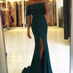 forest green off the shoulder ruffle dress